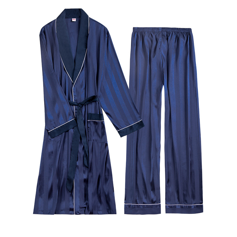 Two-Pieces Nightgown Satin male Sleepwear Loose Dress Silky Long Sleeve Robe and Long Pants bathrobe set for Men