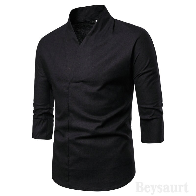 3/4 Mouwen Traditionele Chinese Shirt Mannelijke Kleding Man Top V-hals Shirt Linnen Mannen Kimono Shirt Mannelijke Kleren 4XL: Black Kimono Shirt / 4XL