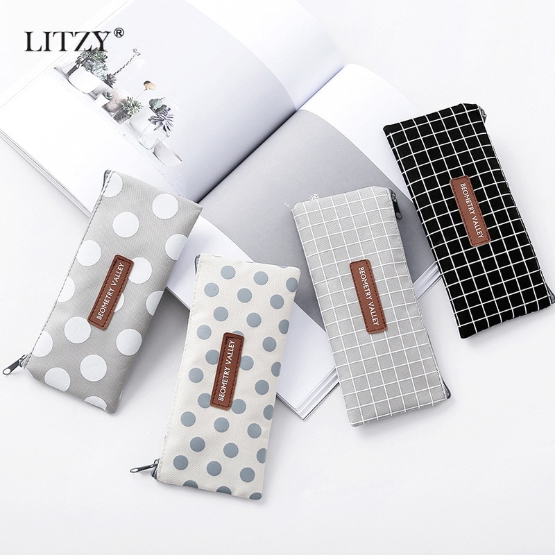 Canvas Pencil Case for School Cute Pen Bag Simple Striped Grid Pencilcase Pen Box Stationery Pouch School Office Supplies