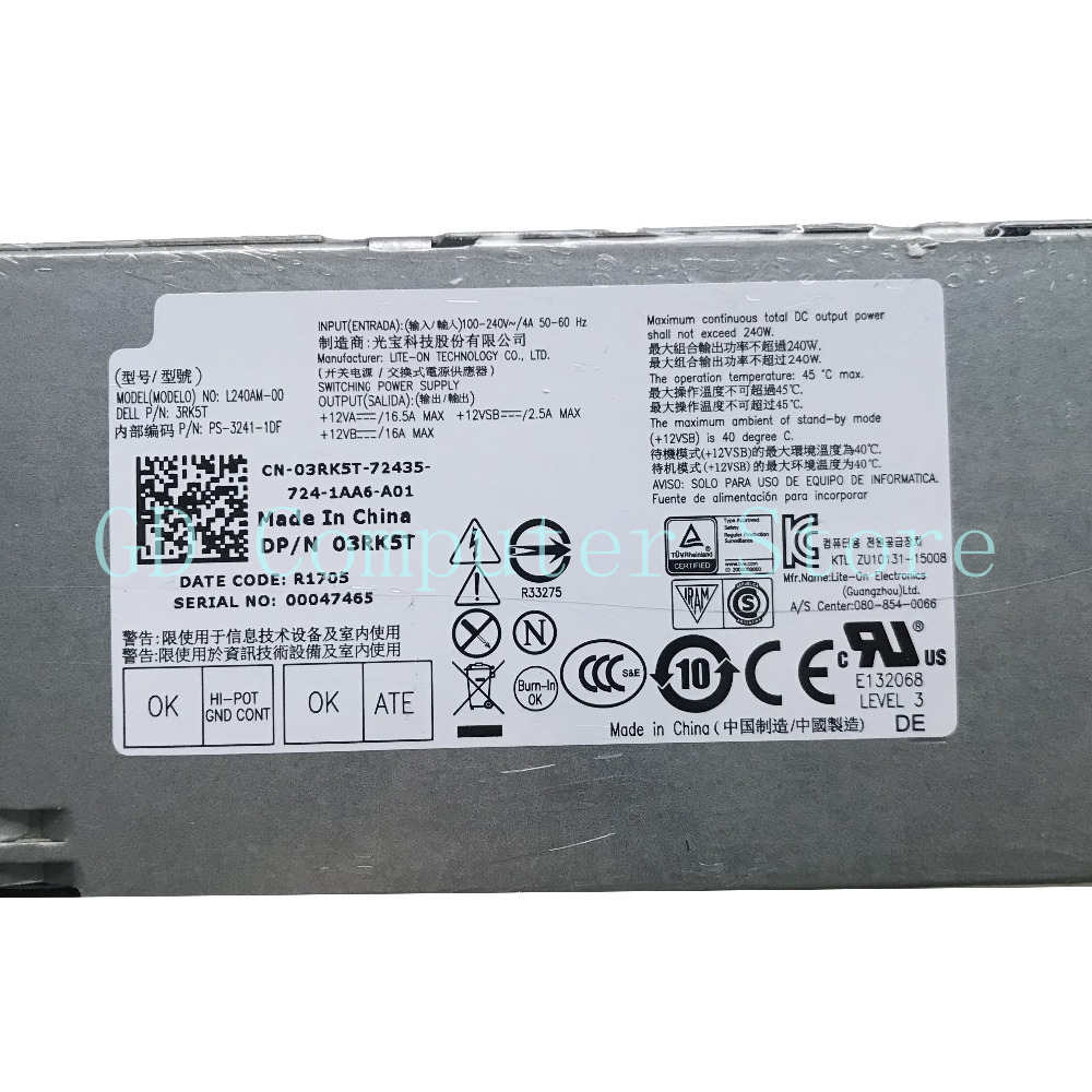 GD For Dell Optiplex 3040 5040 7040 3650 3656 SFF Power Supply 240W 03RK5T 3RK5T 0THRJK THRJK 0DHVJN DHVJN 02P1RD 2P1RD