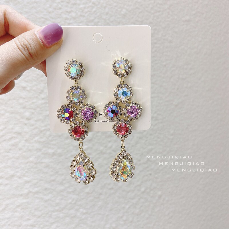 MENGJIQIAO coreano de lujo Bling Corazón de cristal largo borla de diamantes de imitación Pendientes de gota para las mujeres elegantes Pendientes de joyería: 7