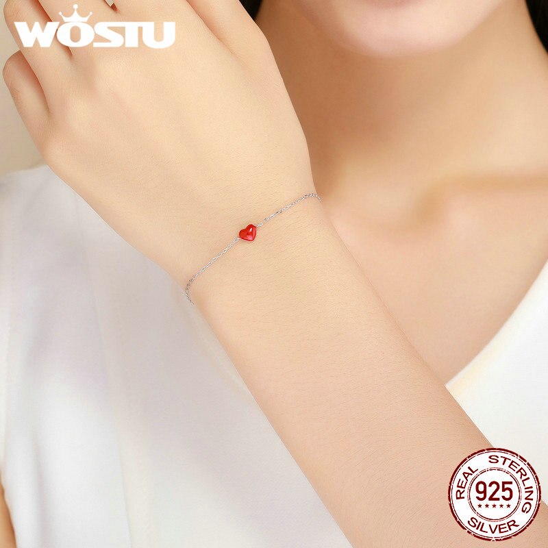 WOSTU Trendy Real 925 Sterling Zilver Emaille Rood Hart Ketting Armband Voor Vrouwen Authentieke Silver Party Fine Jewelry CSB016