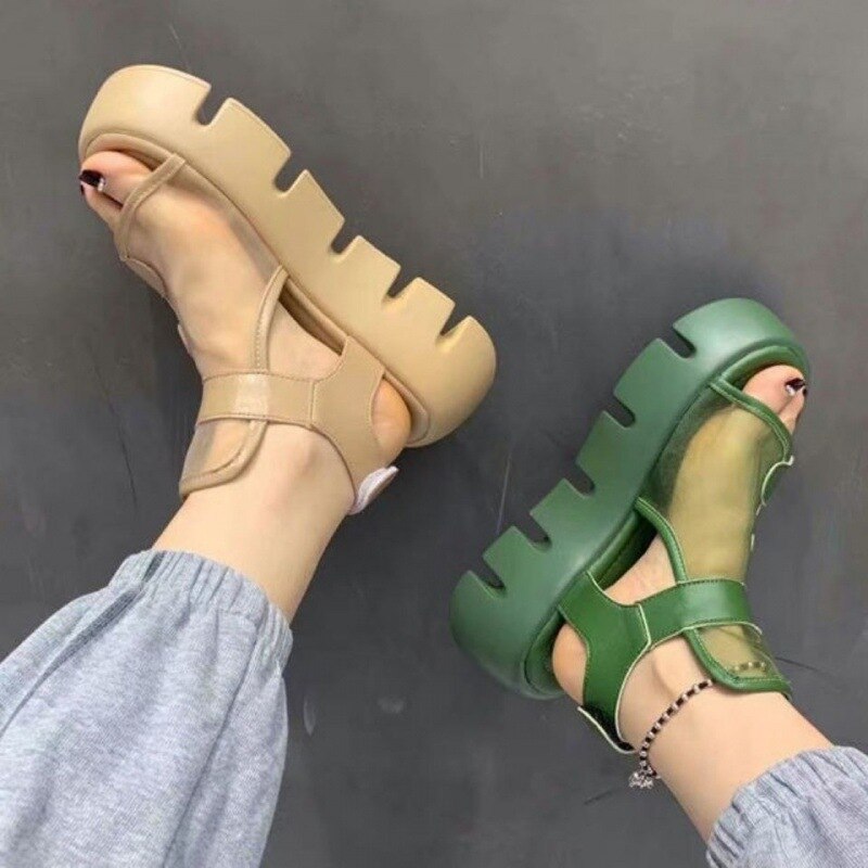 Sandals women 2022 summer thick-bottomed breathable Eugene yarn mesh magic paste Roman sandals Hook &amp; Loop