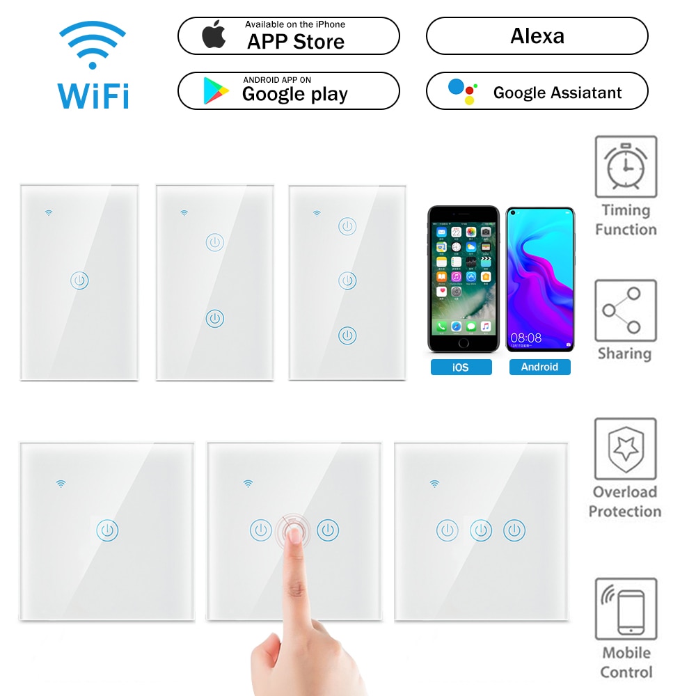Smart Touch Switch Panel Wall interruptor 1/2/3 Gang wifi light switch US/EU Standard Work with Alexa Google Home