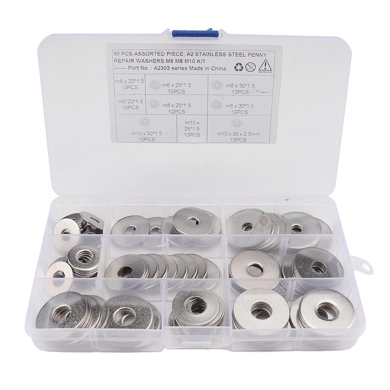 90PCS Boxed 304 Stainless Steel Washer Set 9 Specifications M6 M8 M10 Round Flat Washer Kit