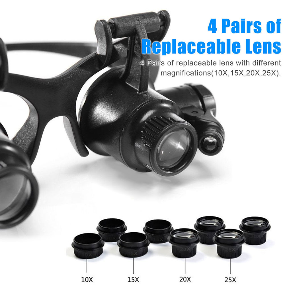 Double Eyes Lenti D'Ingrandimento A Occhiali – 4 Lenti 10X-25X Con Luce LED, Per Gioielli, Orologi E Riparazioni