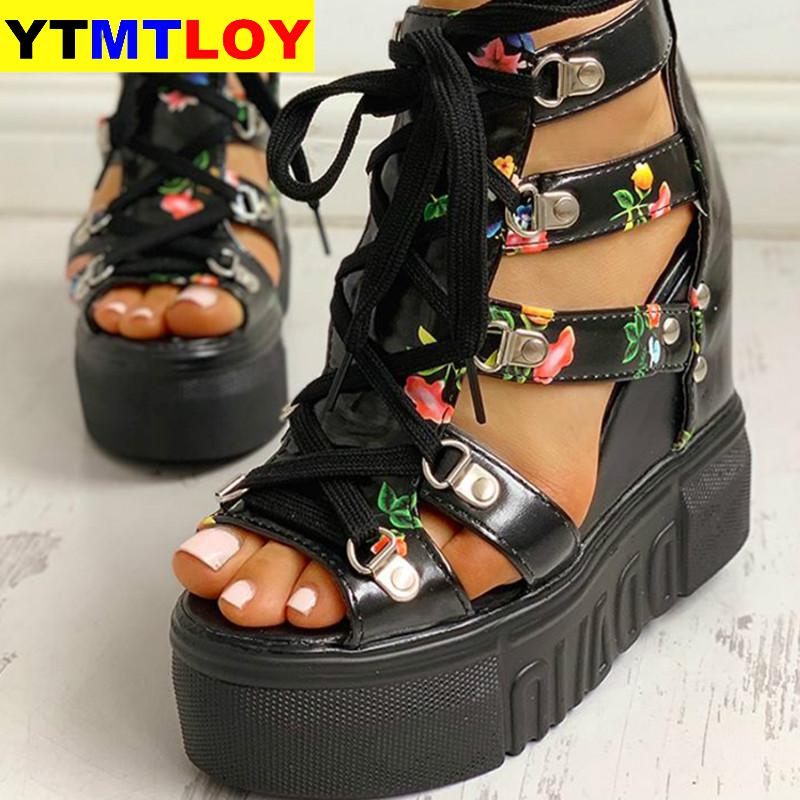 Zomerschoenen dames sandalen plateau veters hoge hakken casual schoenen dames ins print vrijetijdsschoenen wedges damesschoenen