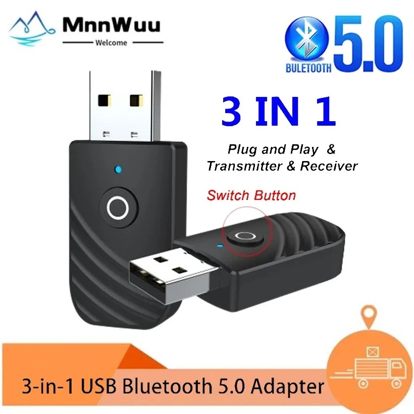 MnnWuu-USB 3 em 1 adaptador Bluetooth 5.0, receptor de áudio, transmissor, 3,5mm AUX, estéreo, TV, PC, computador, acessórios do carro
