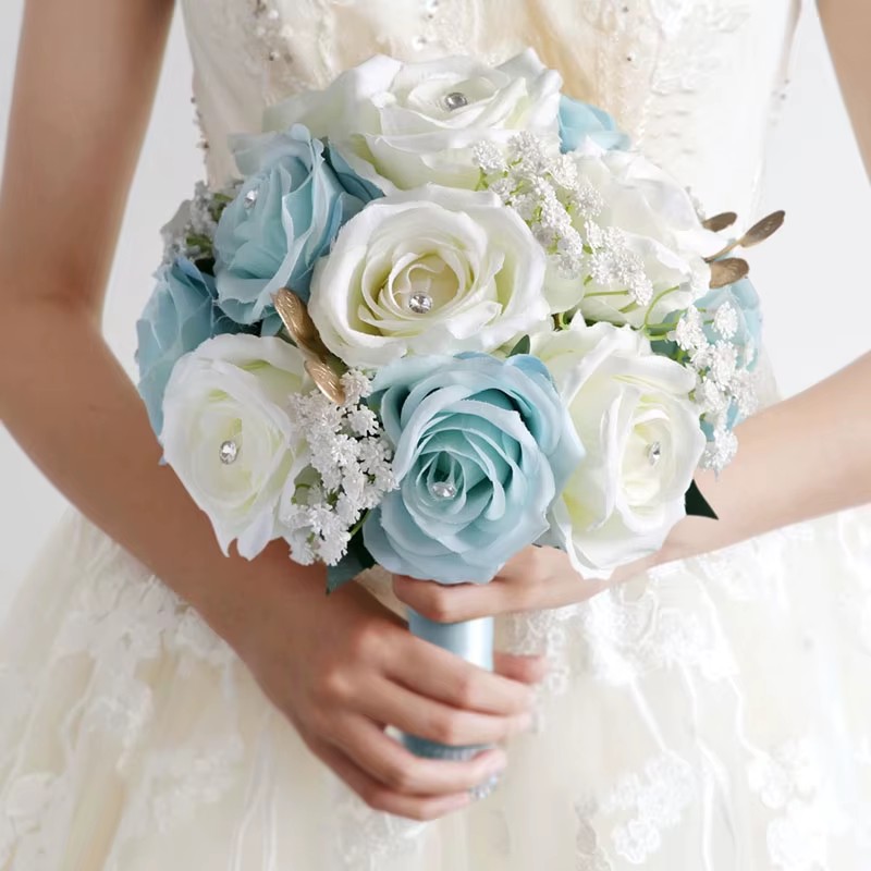 perfectlifeoh Hochzeitsstrauß, blaue weiße Rosen, künstliche Blumen, Braut- und Hochzeitsstrauß, Hochzeit