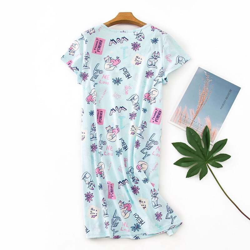 Women's short sleeved nightgown cartoon cat print summer home wear clothes nightdress