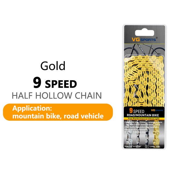 Vg sport cykelkedja 6 7 8 9 10 11 speed 8s 9s 10s 11s velocidade titanium regnbåge guld mtb mountain road cykelkedjor delar: Guld 9 hastighet