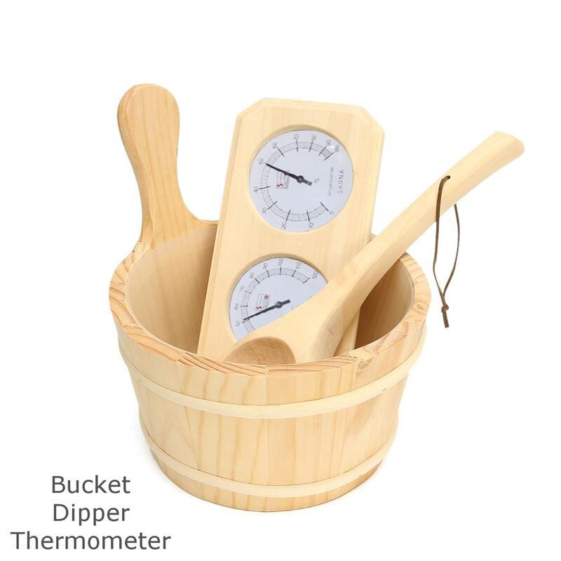 Termometer hygrometer + dyber + spand 3 stk / sæt fyrretræs sauna tilbehørssæt 20-140c