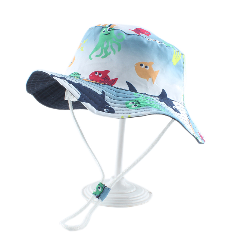 Tecknad fisk haj tryck söt baby hatt barn hink hattar pojke flicka panama sommar keps småbarn vindsäker solhatt