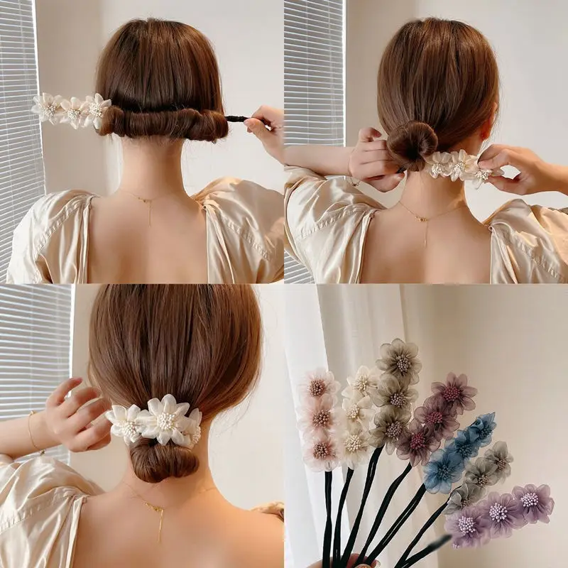 Para hacer moños de flores de gasa con brotes elegantes para mujer, herramienta larga para hacer peinado Maruko, diademas de cuerda trenzada para el cabello dulce, accesorios coreanos