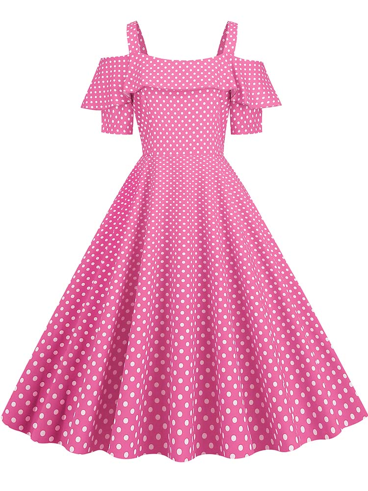 Vestido de Vintage con hombros descubiertos, vestidos Midi de línea A con volantes y lunares de verano para mujer: L / Azul cielo
