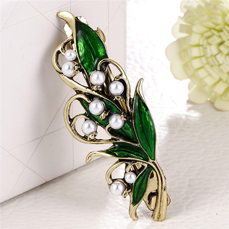 Exquisite Elegante Retro Emaille Groen Blad Parel Haar Clip Clamp Haarspeld Vrouwen Meisjes Haar Accessoires