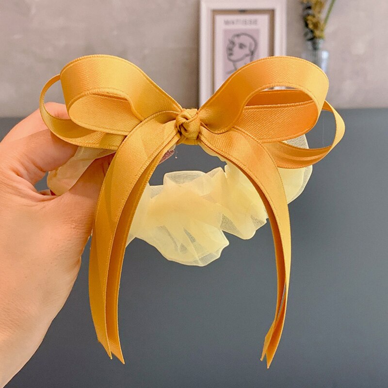 Large Ribbon Bowknot Hair Scruchies Girls Streamer Ponytail Holder Kids Flower Elastic Hair Bands Hair Ring Sweet Accessories: Yellow