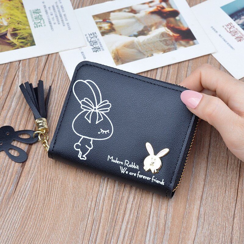 Tegnebog kvinders korte lynlås tegnebog studerende koreansk stil sød kanin mini nøglepung kvinder afslappet kvast små tegnebøger: Sort