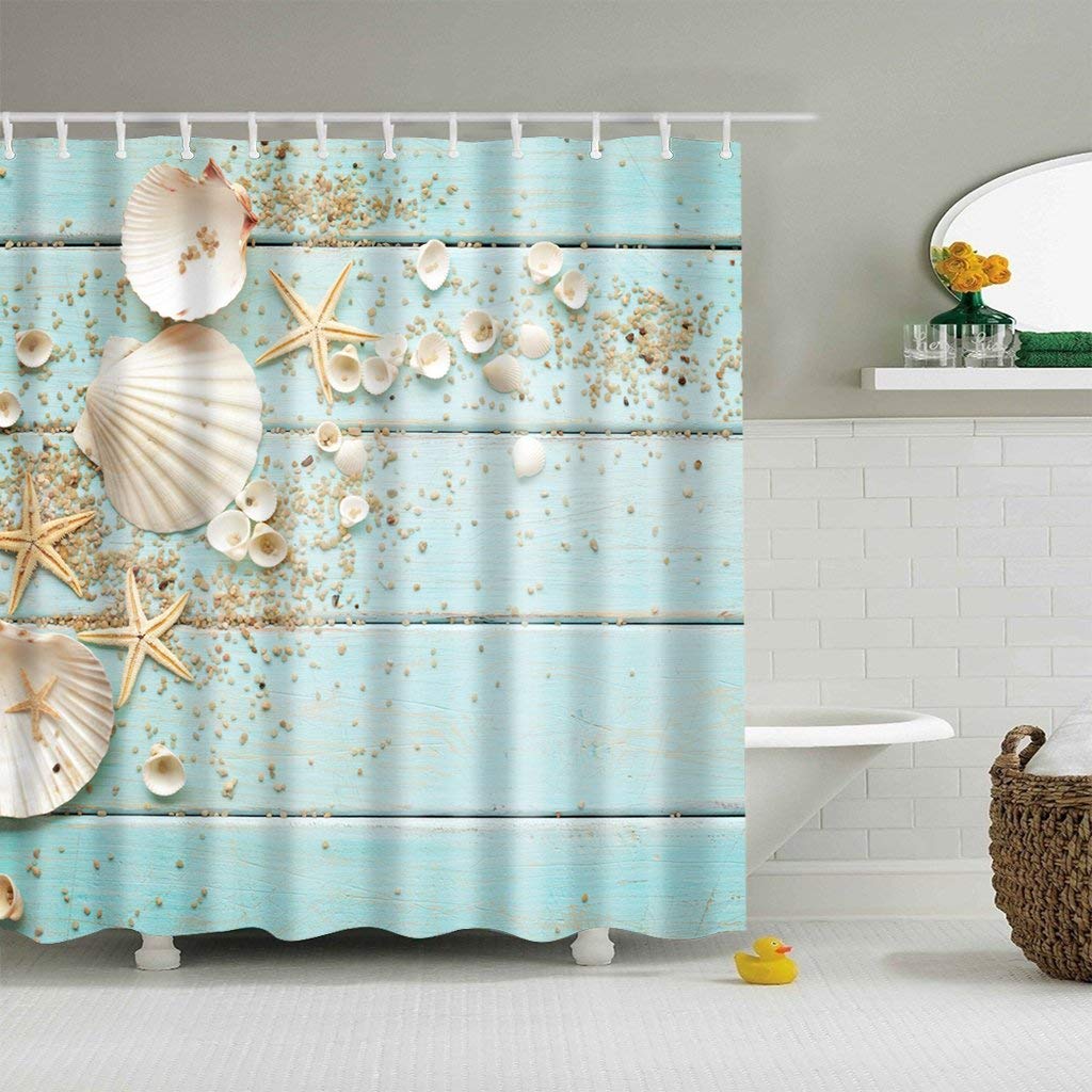 Zee Schelpen Starfish Zand op Rustieke Turquoise Houten Raad Oceaan Strand Thema Art Print Bad Gordijn