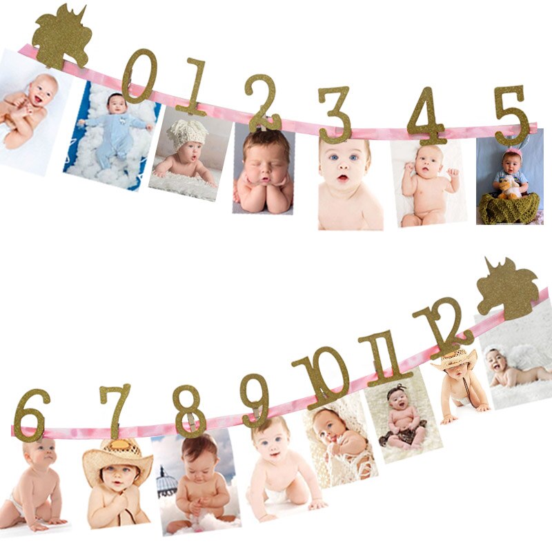 baby shower Kids Frist Birthday Banners 12 Months Photo Frame Bunting Garland Boy Girl 1st One Year Party Decoration Supplies: 14