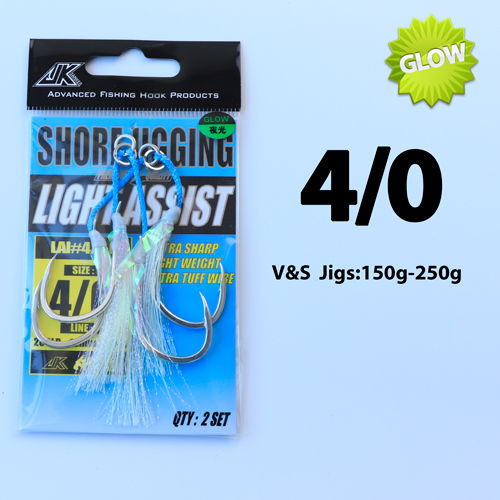 JK Fishing Hooks Sea Glow 1/0 2/0 3/0 4/0 Fish Assist Hook Twins Double Fishery Fishhooks Jig Slow Feather for Fishing Attract: LAI- 4 l 0