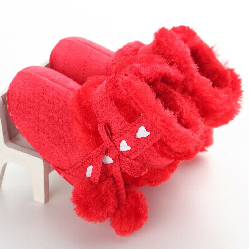 Baby Winter Warme Stiefel Nette Baby Mädchen Schuhe Kleinkind Weiche Sohle Schnee Stiefel Fuzzy Bälle Herzen Drucken Nette Prewalker 0-18M: Rot / 13-18 Monate