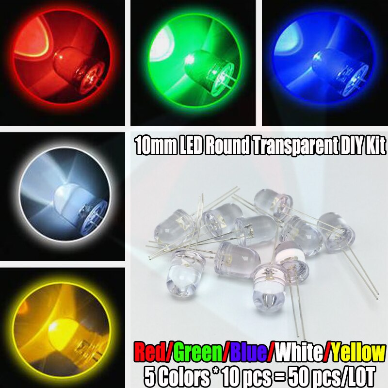 50 Stuks (5 Kleuren X 10 Stuks) 10 Mm Rood Blauw Wit Geel Groen Led Ronde Transparante Ultra Heldere Lamp Kraal Plug-In Diy Kit Diverse