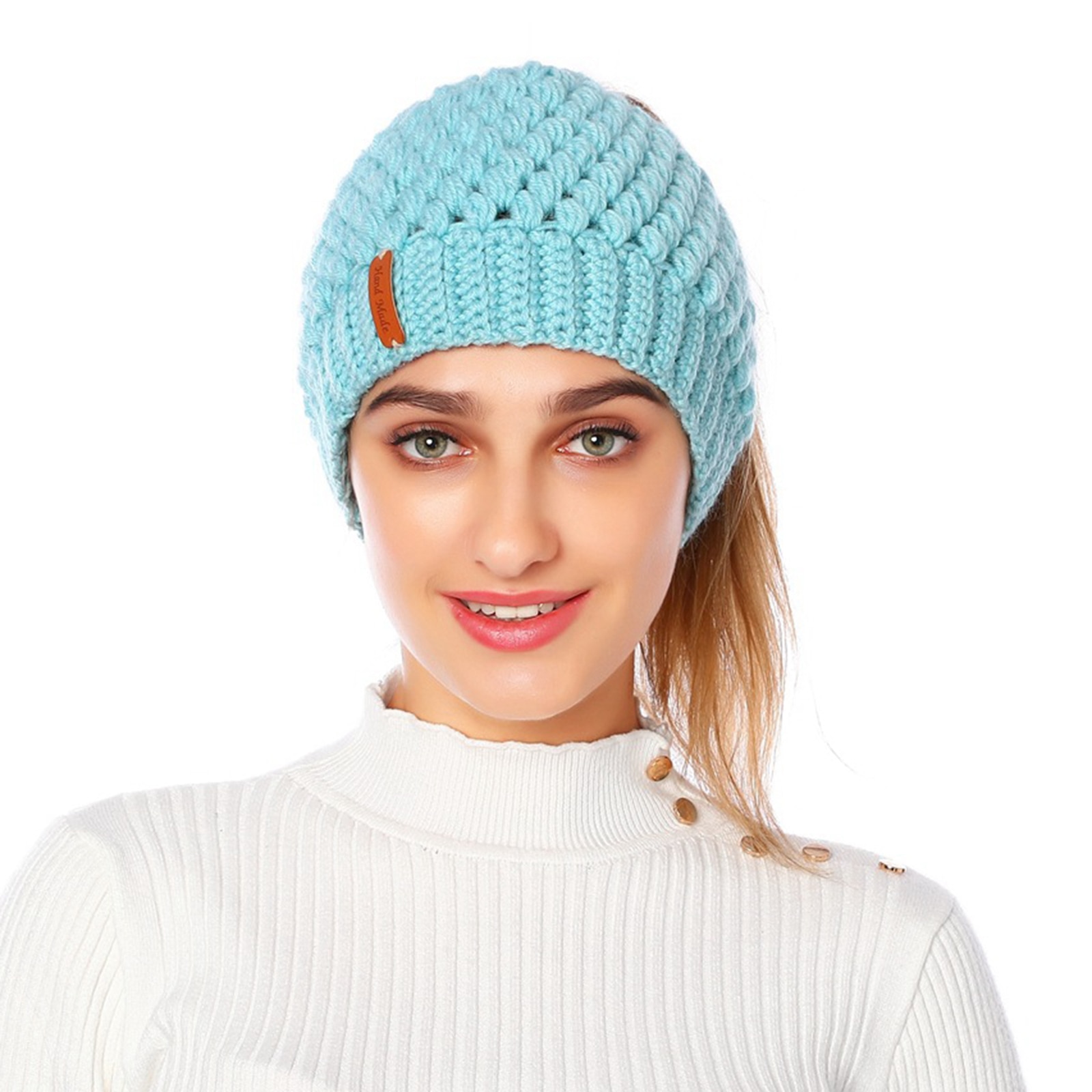 Beanie Hat Tail Stretch Cable Knit Messy High Bun Ponytail Beanie Hats Earmuff