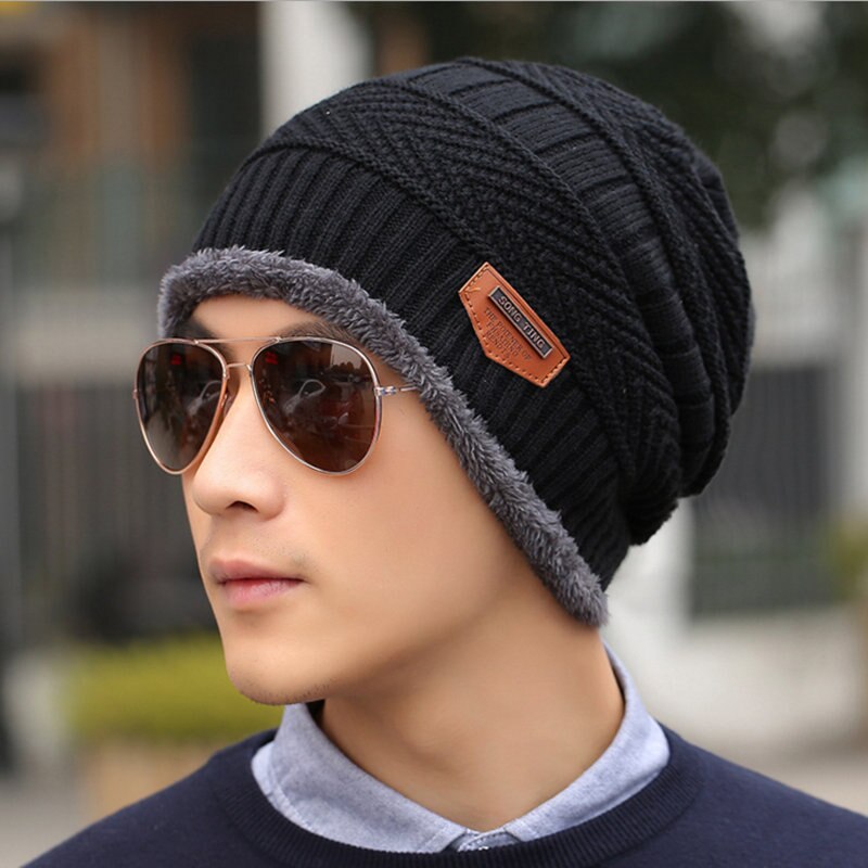 SANDMAN ajouter laine coton hiver chapeau tricot casquette hiver chapeaux pour hommes femmes tricoté chapeau fourrure bonnets tricot chapeau Skullies: black
