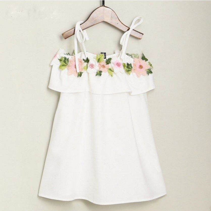 Mærke prinsesse sommer familie matchende mor piger kjole off skulder blomster flæser lige hvid kjole 3-11y piger