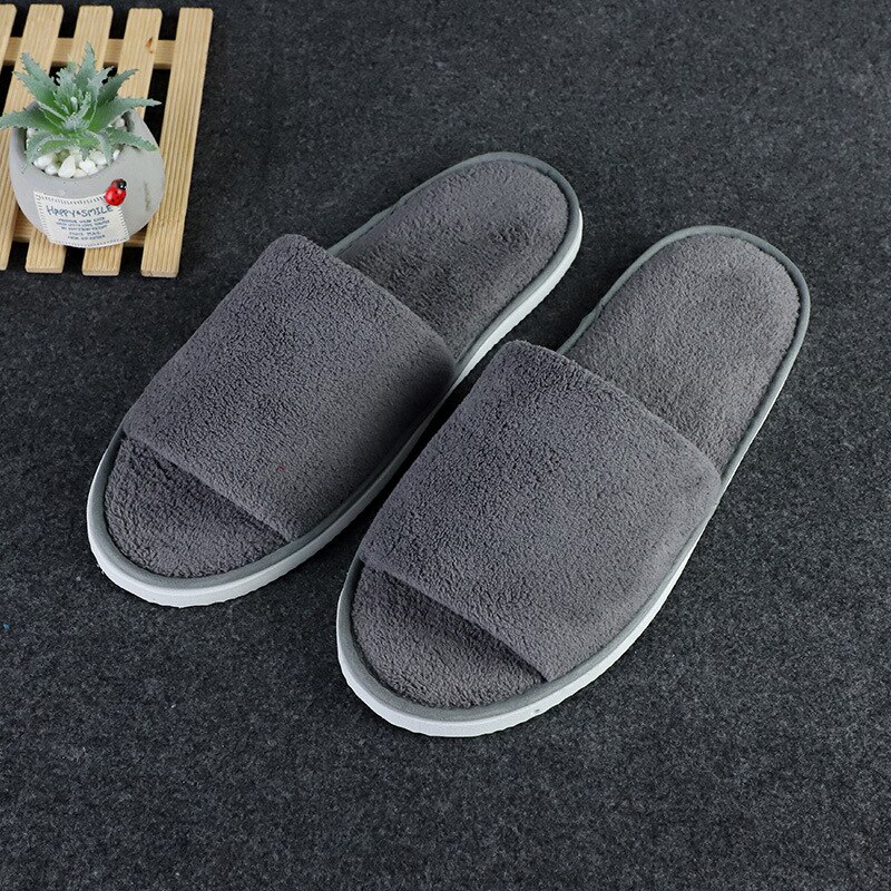 Disposable Slippers Hotel Open Toe Slides Close Toe Non-slip Travel Indoor Guest Slippers Portable Coral fleece Shoes 10 Pairs: Grey2