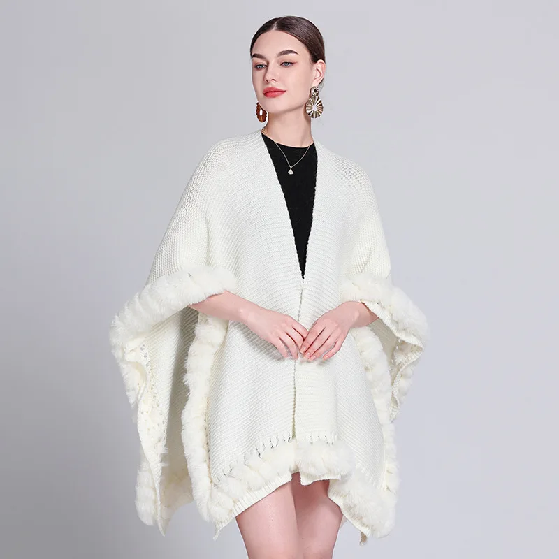 Herfst Winter Warme Oversized Lange Poncho Capes Koord Faux Bont Uitgehold Gebreide Outstreet Sjaal Mantel Vrouwen Dragen Losse Jas: WHITE