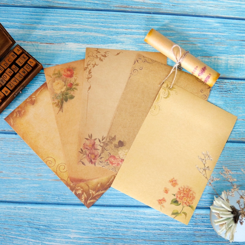 16sheets Vintage Flower Kraft Letter Paper Brown Craft Writing Paper Stationery Letter Pad Office Supplies