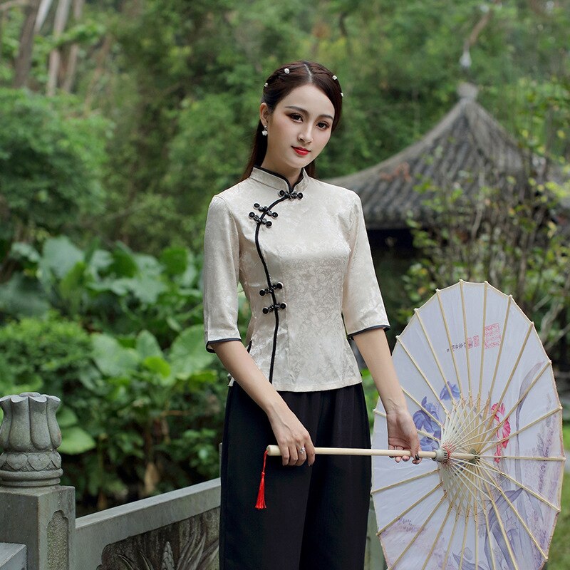 Chinese Tops Blouse Tang Ancient Chinese Style Seven Sleeve Cheongsam Shirts Jacket Tea Service Chinese Clothing Store Plus Size