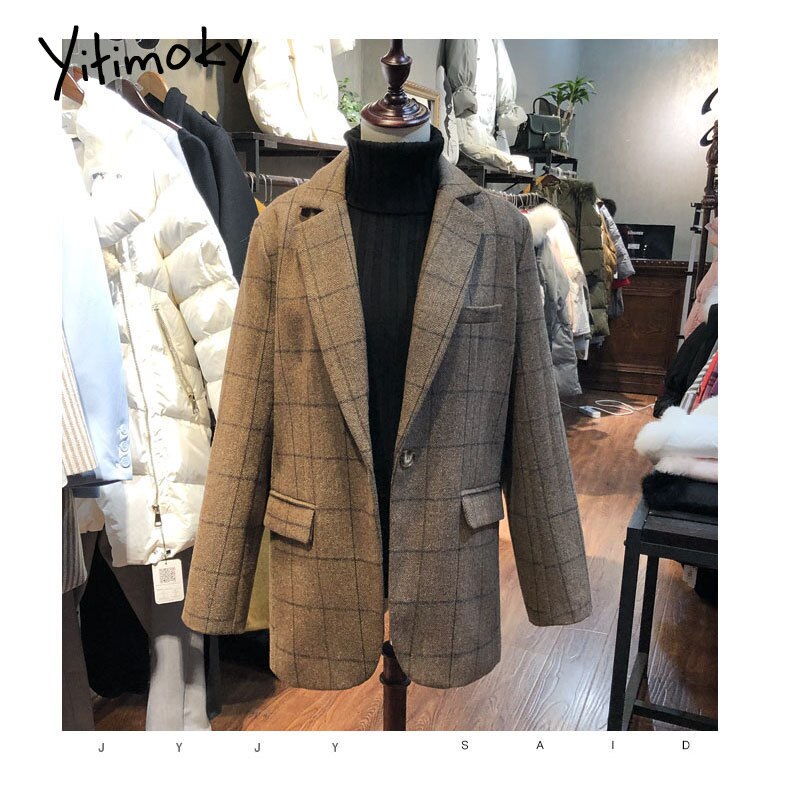 Kontor dame dame blazere og jakker rutete blazer koreansk kåpe kvinner vinterklær hakk enkantet yttertøy