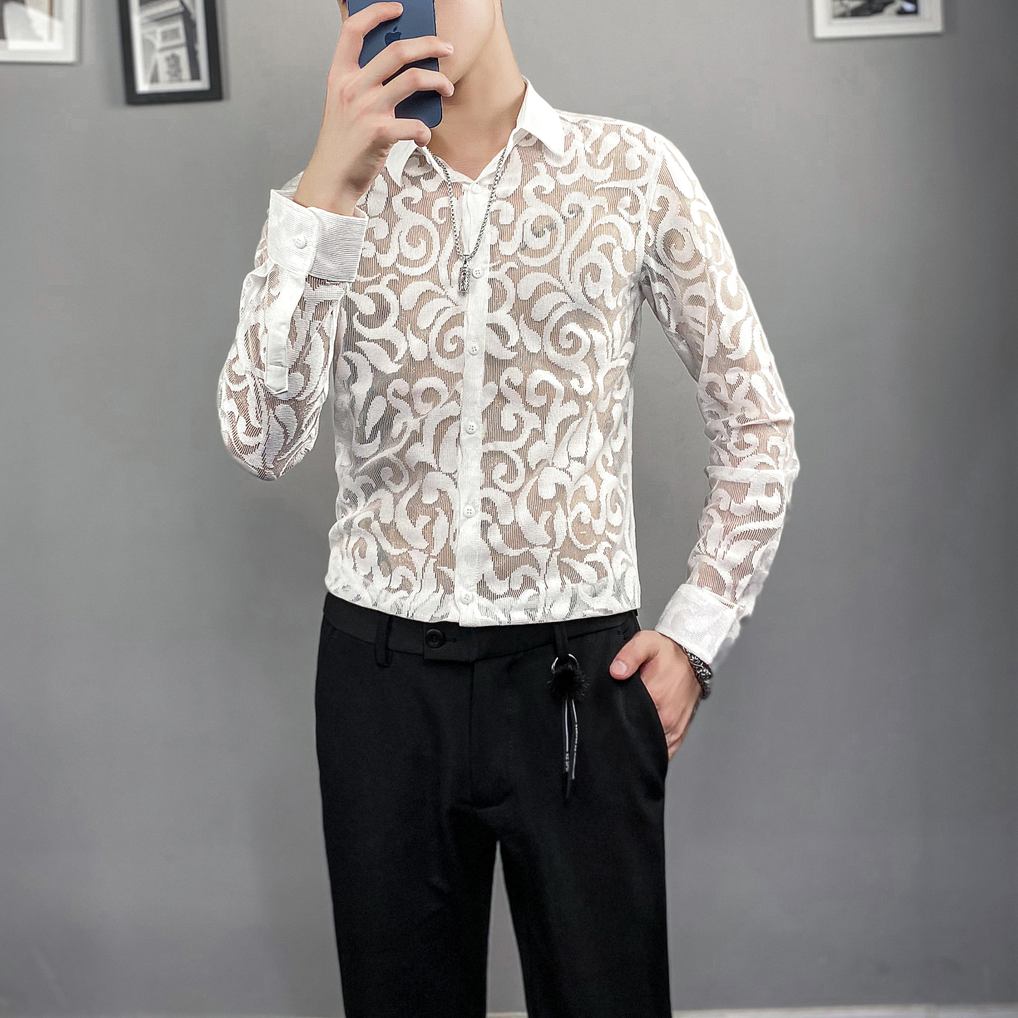 Autumn Sexy Transparent Lace Shirt Men Clothing 2022 Simple All Match Slim Fit Long Sleeve Club/Prom Tuxedo Chemise Homme