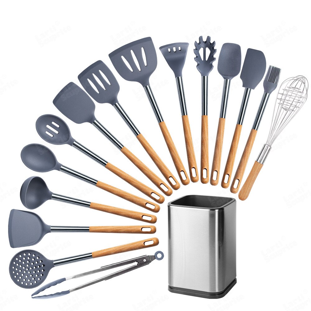 Kit d'ustensiles de cuisine en Silicone, ensemble d'outils de cuisine, accessoires allongés manche en bois massif, spatule cuillère Kit avec ustensiles de rangement: G16