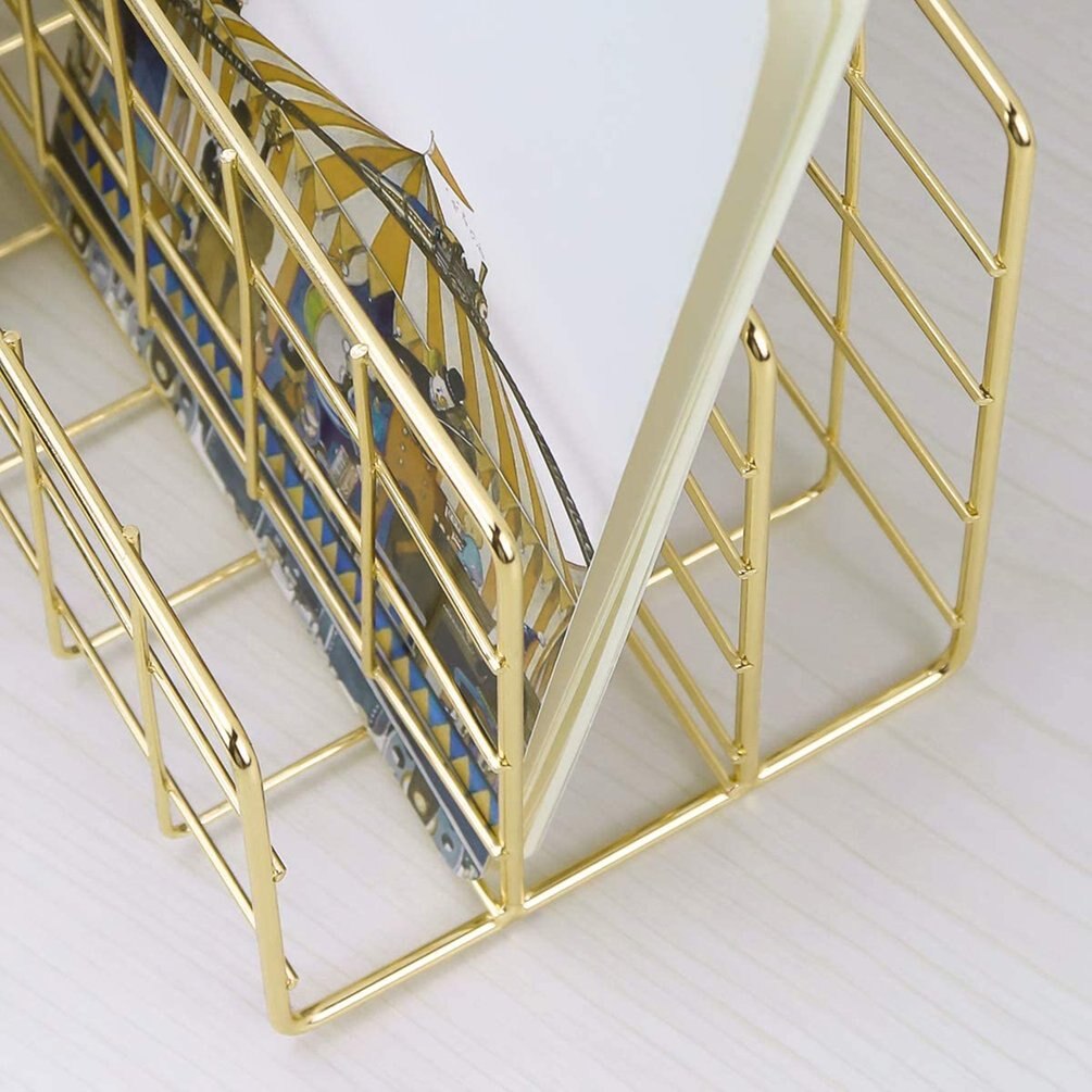 File Storage Box Metal Three Grid Bookshelf Desk Books Newspaper Magazine Organizer Desk Bookshelf Storage Rack