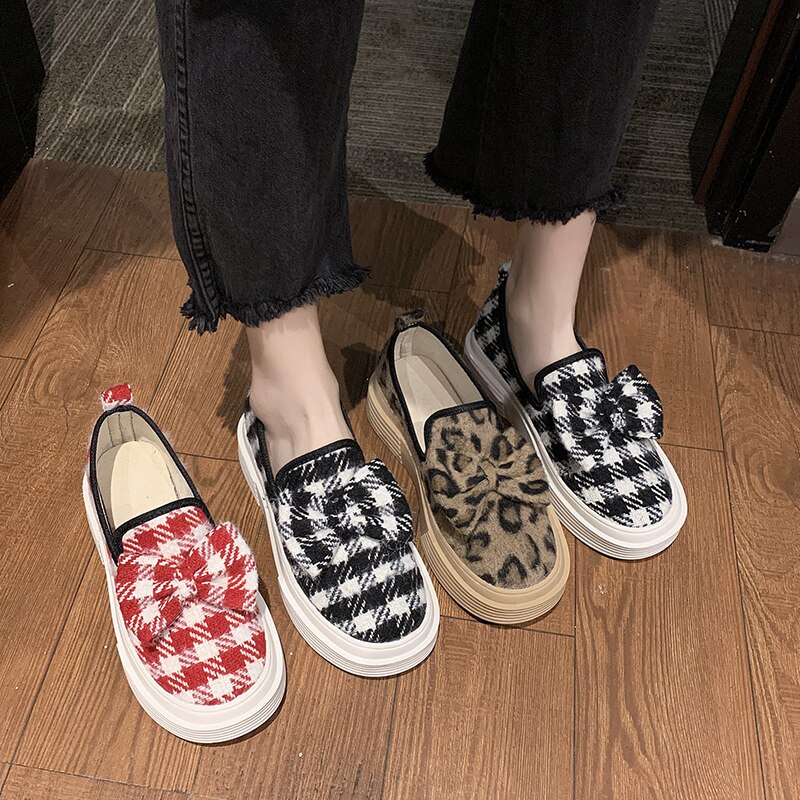 Bow-knot gingham slip on moccasins round toe creepers women shoes casual comfy brief cute loafers all match flats female