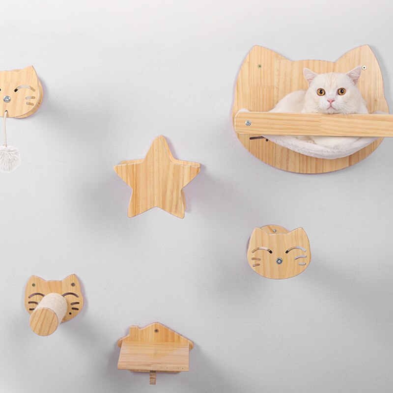 Solid Wood DIY Cat Climbing Frame Cat Wall Hanging Cat Nest Grab Column Cat Hammock Stair Room Cat Hanging Ball Toy