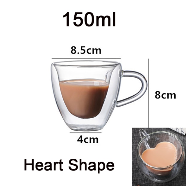 Dubbelwandige Glazen Cup Hart Vorm Glas Geïsoleerde Kopje Espresso Koffie Beker Mok Koffie Theekopje Latte Cup Transparante Glazen Beker: Heart Shape 150ml / 2Pcs