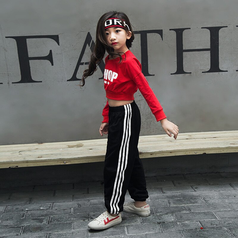 Meisjes Rode Lange Mouwen Jazz Hip Hop Dans Kostuum Losse Trui Cropped Tops Shirt Voor Kid Street Moderne Dansen Kleding dragen