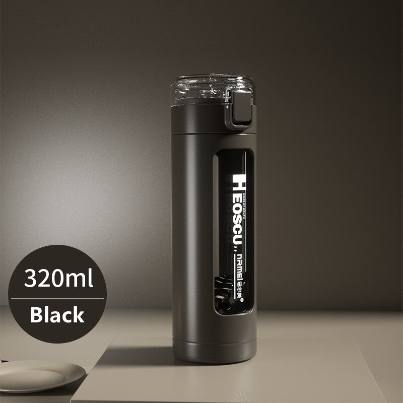 Dubbel bärbar glas söt vattenflaska kawaii kopp tumlare med sugrör för flickor mjölk kaffe juice vaso con tapa y pajita: 320ml svarta