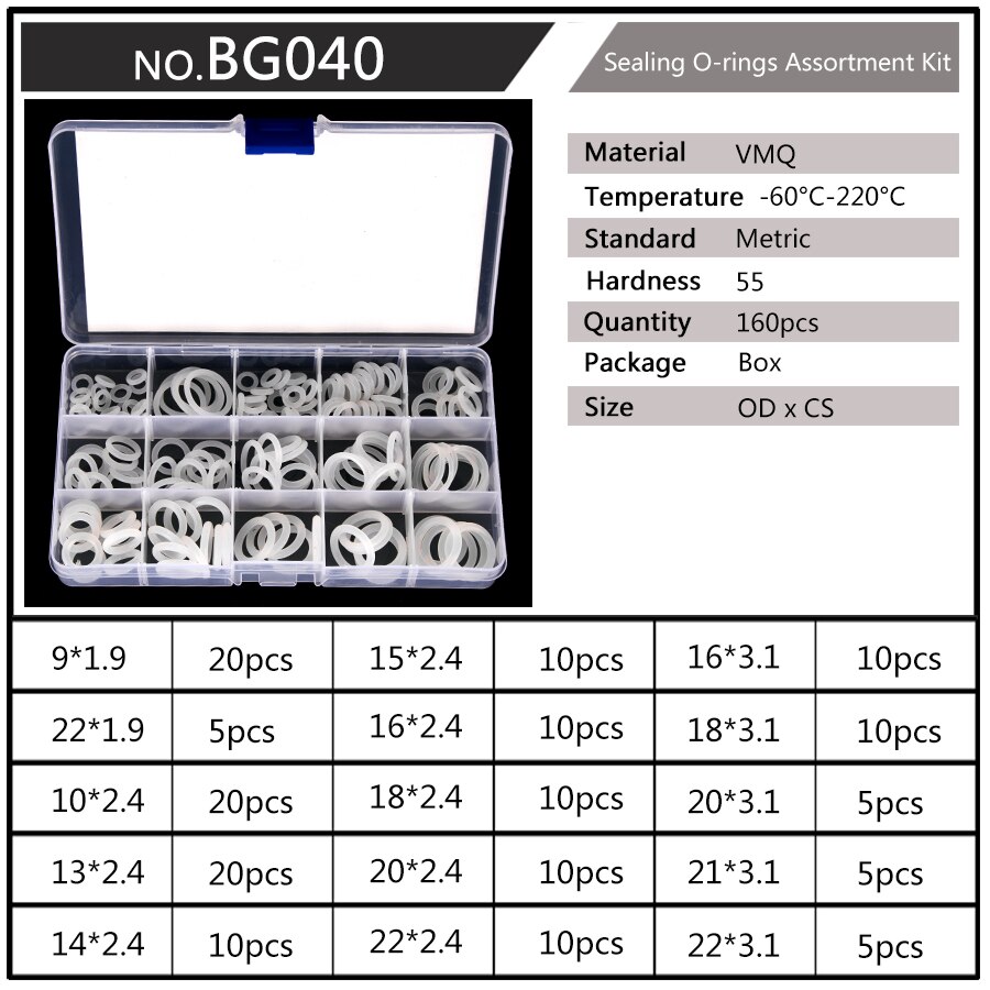 150-225pcs silikonowe VMQ białe uszczelniające o-ringi OD 6mm-35mm CS1mm 1.5mm 1.9mm 2.4mm 3.1mm trwała uszczelka O pierścienie zestaw asortymentowy S5: BG040 x1