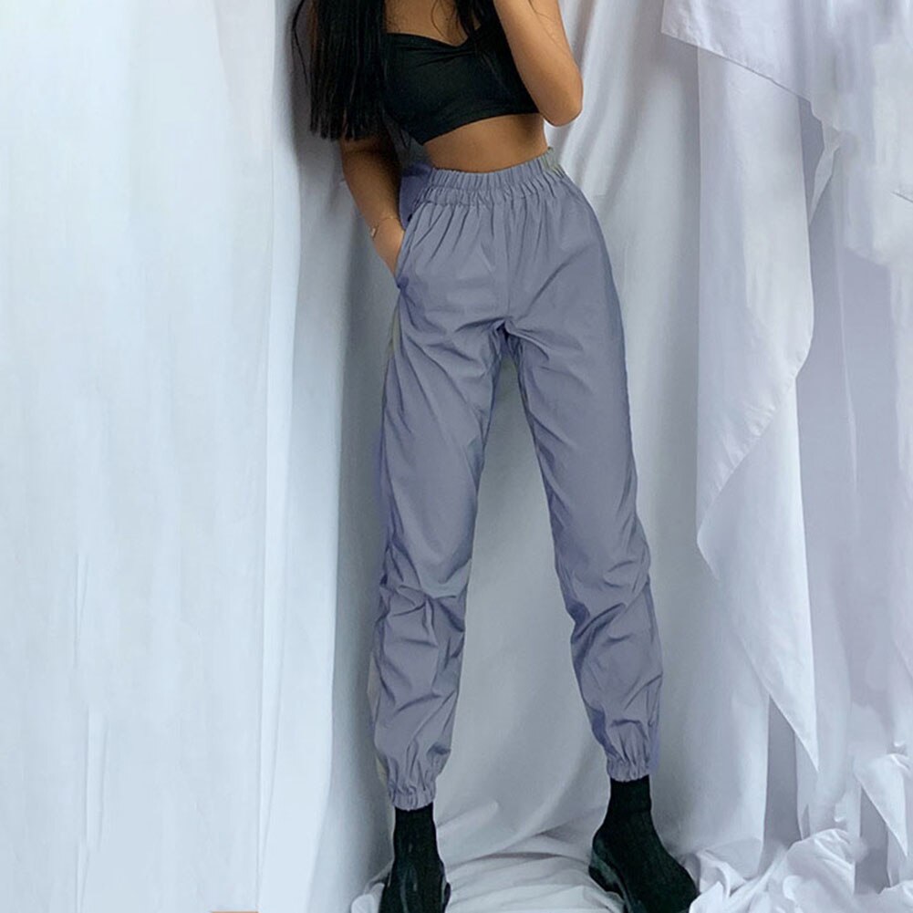 Women Sweatpant flash Reflective Pants Joggers Party Night Jogge Long Pants Elastic Waist Ankle Tie Trousers Trend