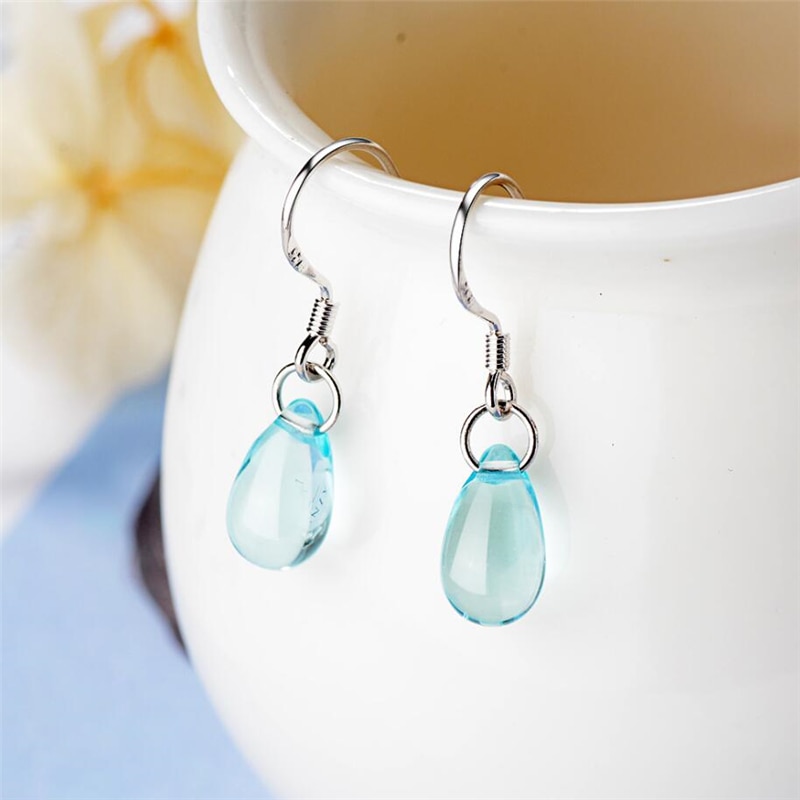 Unique mémoire bleu cristal littéraire mignon goutte d'eau 925 en argent Sterling femme balancent boucles d'oreilles SEA615