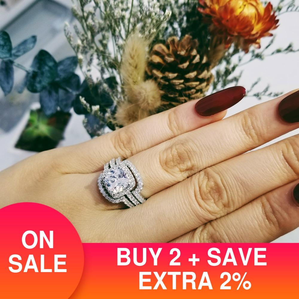 Luxury 3 pcs 3 in 1 925 sterling Silver Ring cushion Engagement Wedding Ring set for Women bridal jewelry R4308