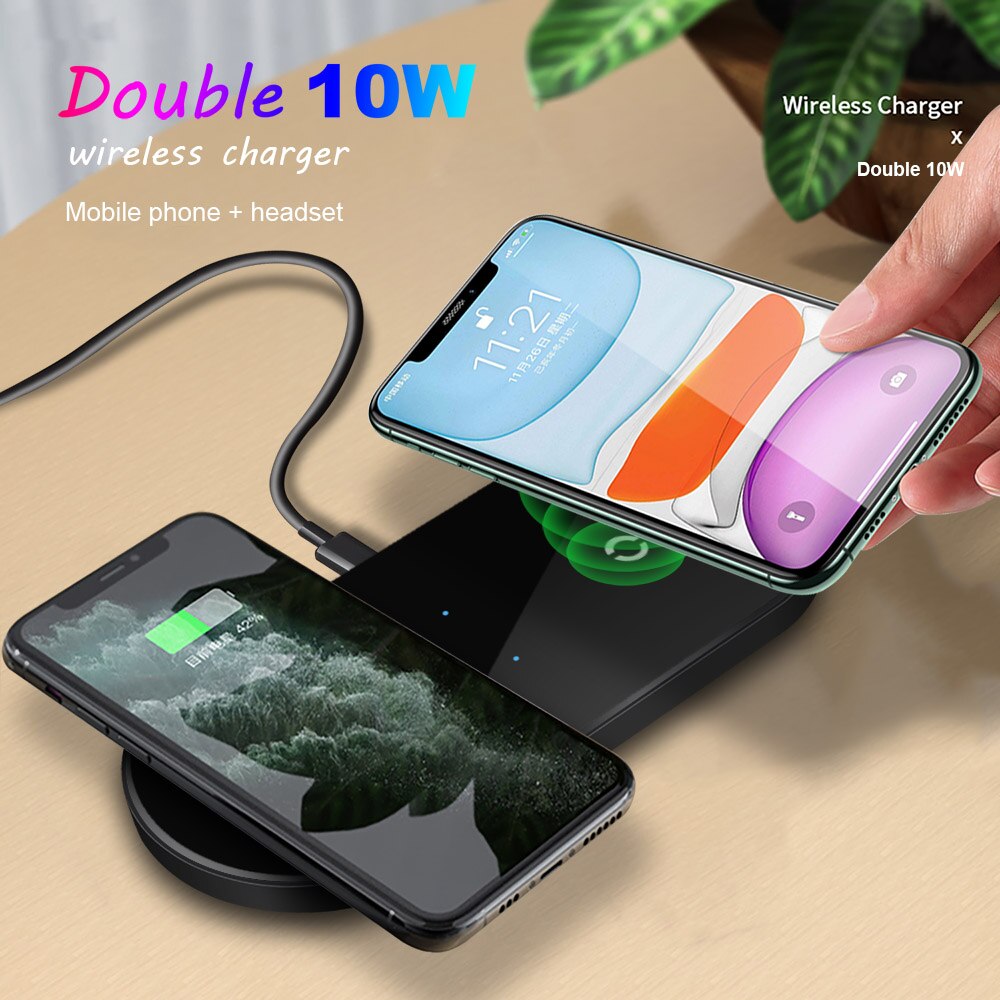 2 in 1 Double 10W Wireless Charger Pad for iPhone X XR XS 11 Pro Max Airpods Pro Samsung S20 S10 Buds Qi Induction Fast Charging