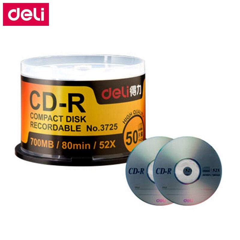 Deli 50 unids/lote Deli 3725 CD-R discos en blanco grabable DISCO COMPACTO 700MB/80min/52x CD-R discos en blanco