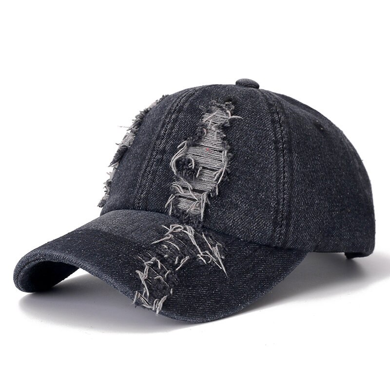 Gorra vaquera de , gorra de béisbol con agujeros, gorra de algodón informal para hombres y mujeres, ropa de calle deportiva para exteriores, gorra de papá: BLACK